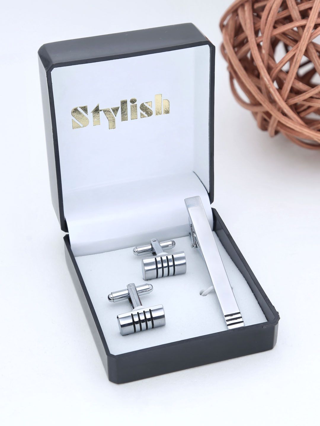 Cufflinks with Tie Clip in Rhodium finish - THF1529